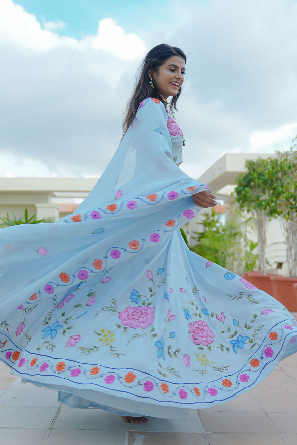 Thumbnail: Powder BlueHand Painted Lehnga 