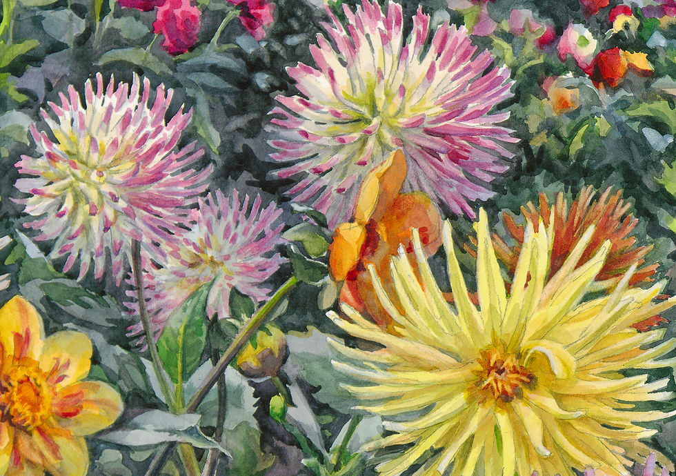 Thumbnail: Detail of watercolor painting of dahlias by Catherine M. James
