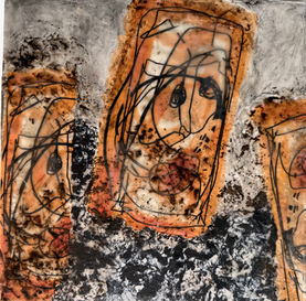 2025.  Fleeing.  Digital drawing and photo printed on tissue and rice papers, torn, then collaged with encaustic.  Inks and rust added.  12"x12"x3/4" cradled panel.  