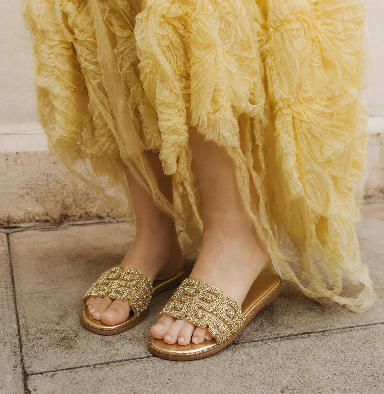 Diamanté Slip-On Sandals (sparkling embellished strap, cushioned footbed)