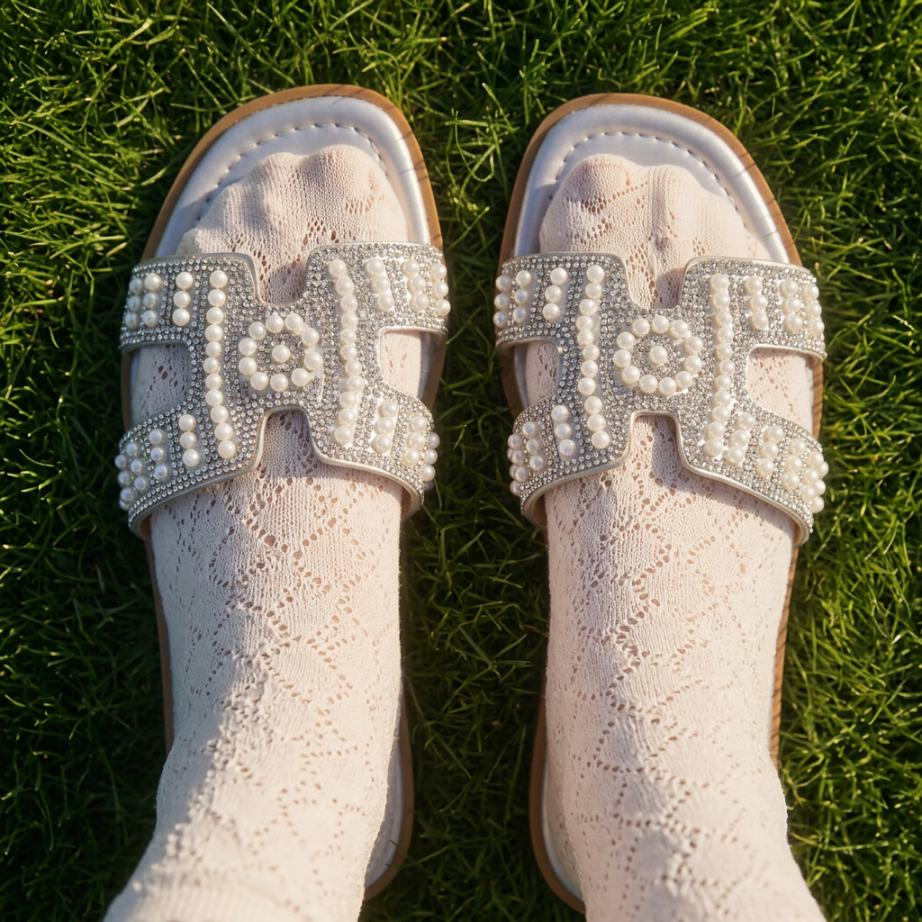 Pearl Embellished Slip-On Sandals (pearls and crystals, easy slip-on design)