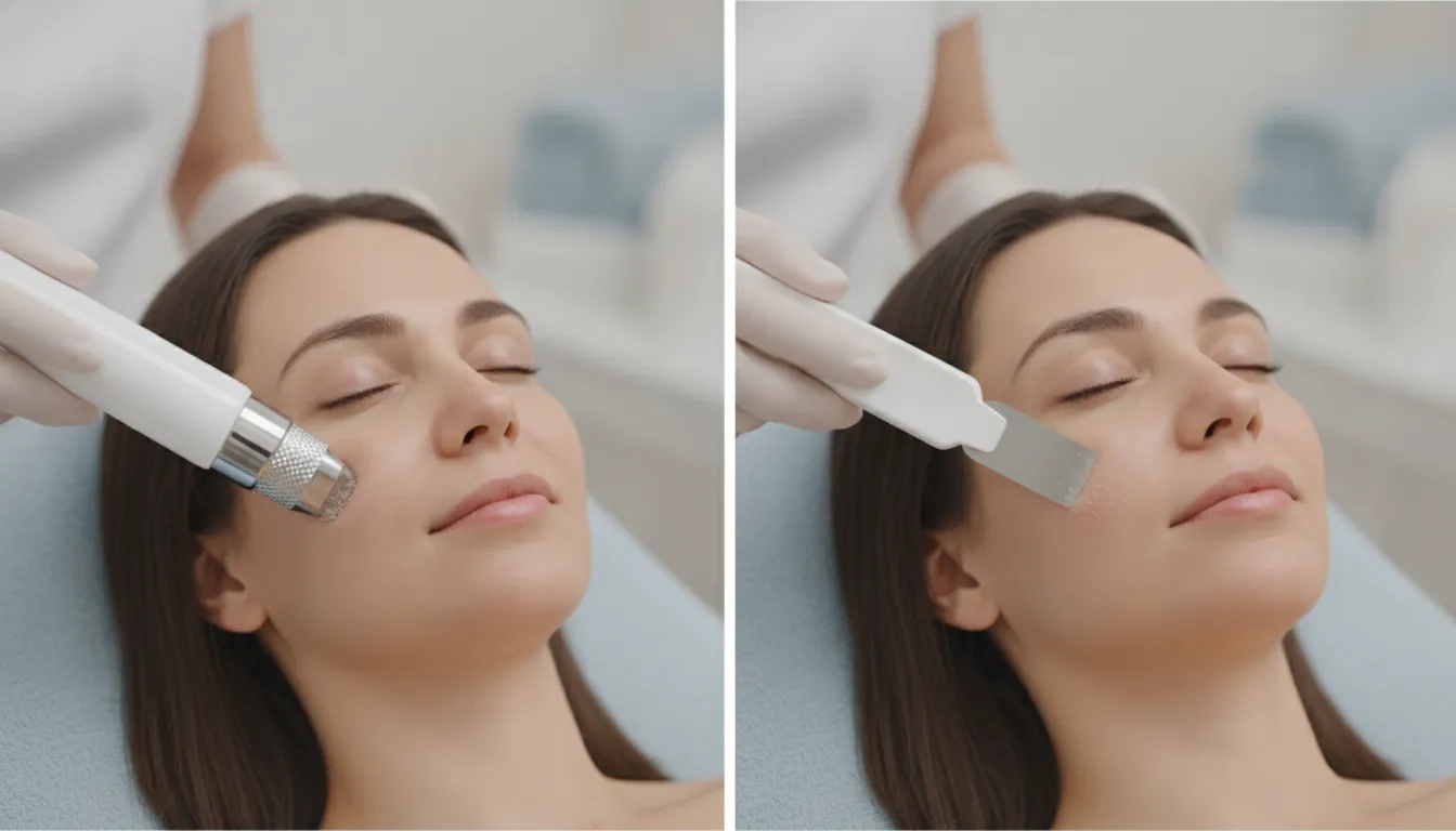 Split comparison showing a microdermabrasion device exfoliating skin beside a dermaplaning blade removing surface facial hair