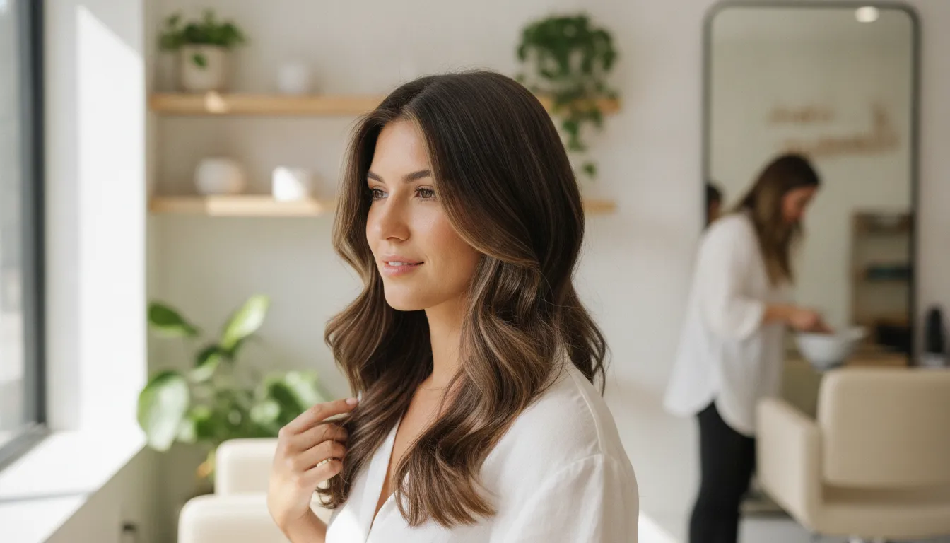 Stylist placing face framing highlights on dark hair