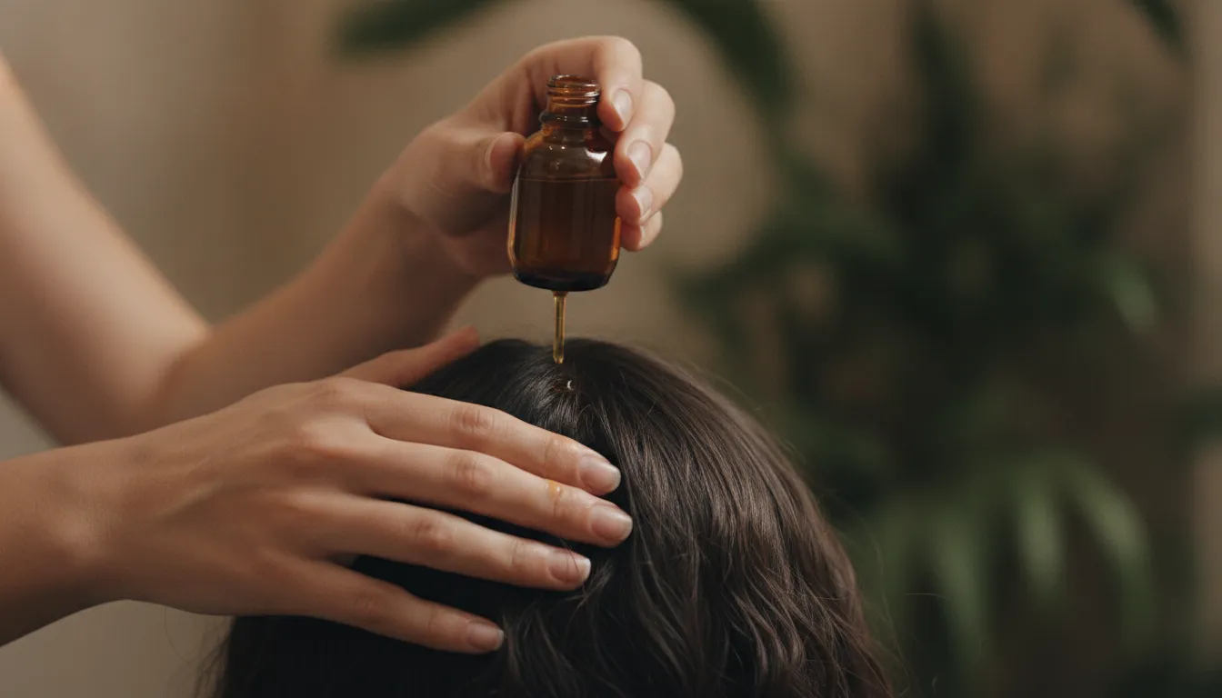 Hands gently massaging botanical scalp serum into the hair roots during a relaxing salon treatment