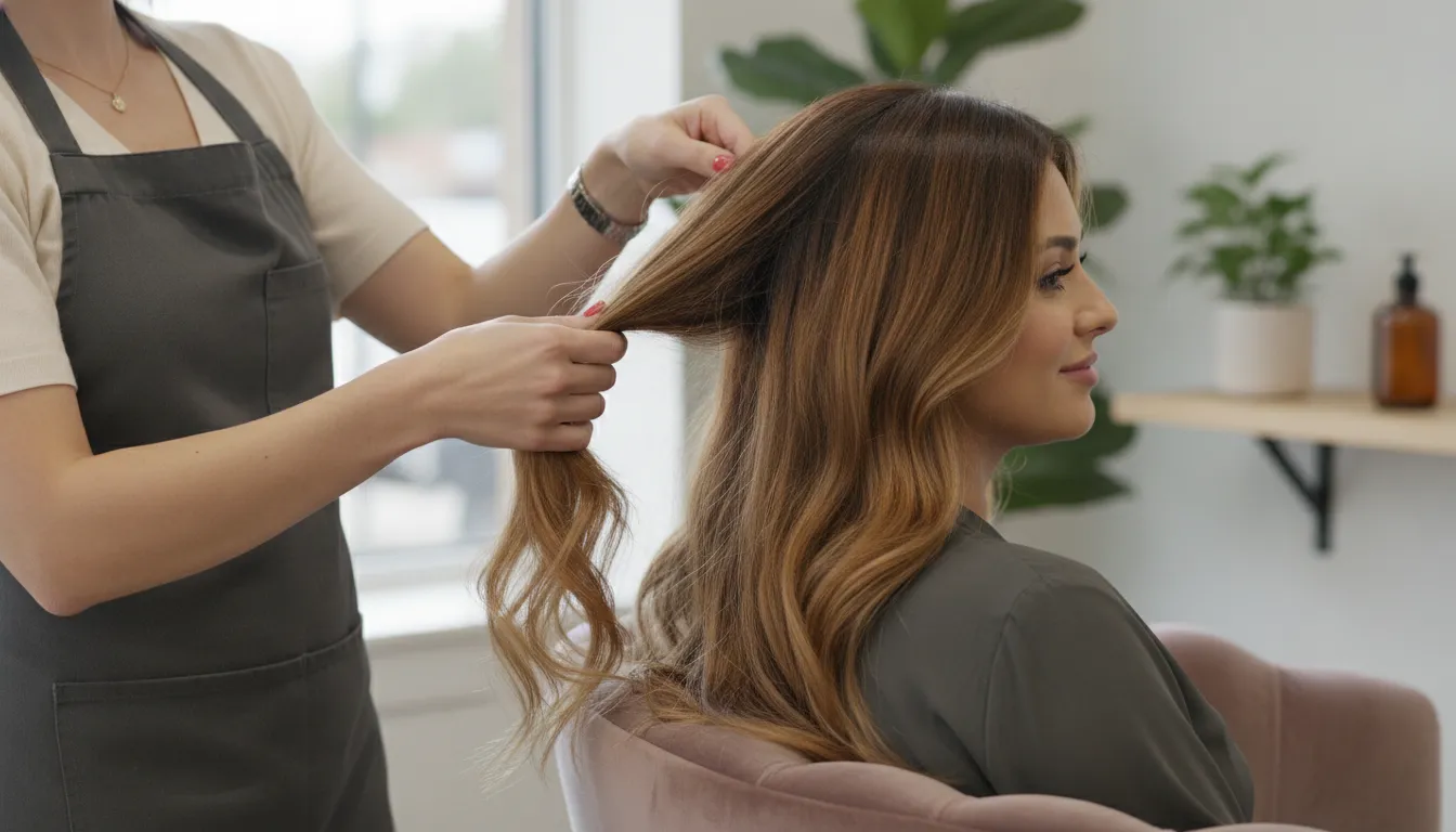 Stylist checking extension attachment during a maintenance consultation in Garwood, NJ