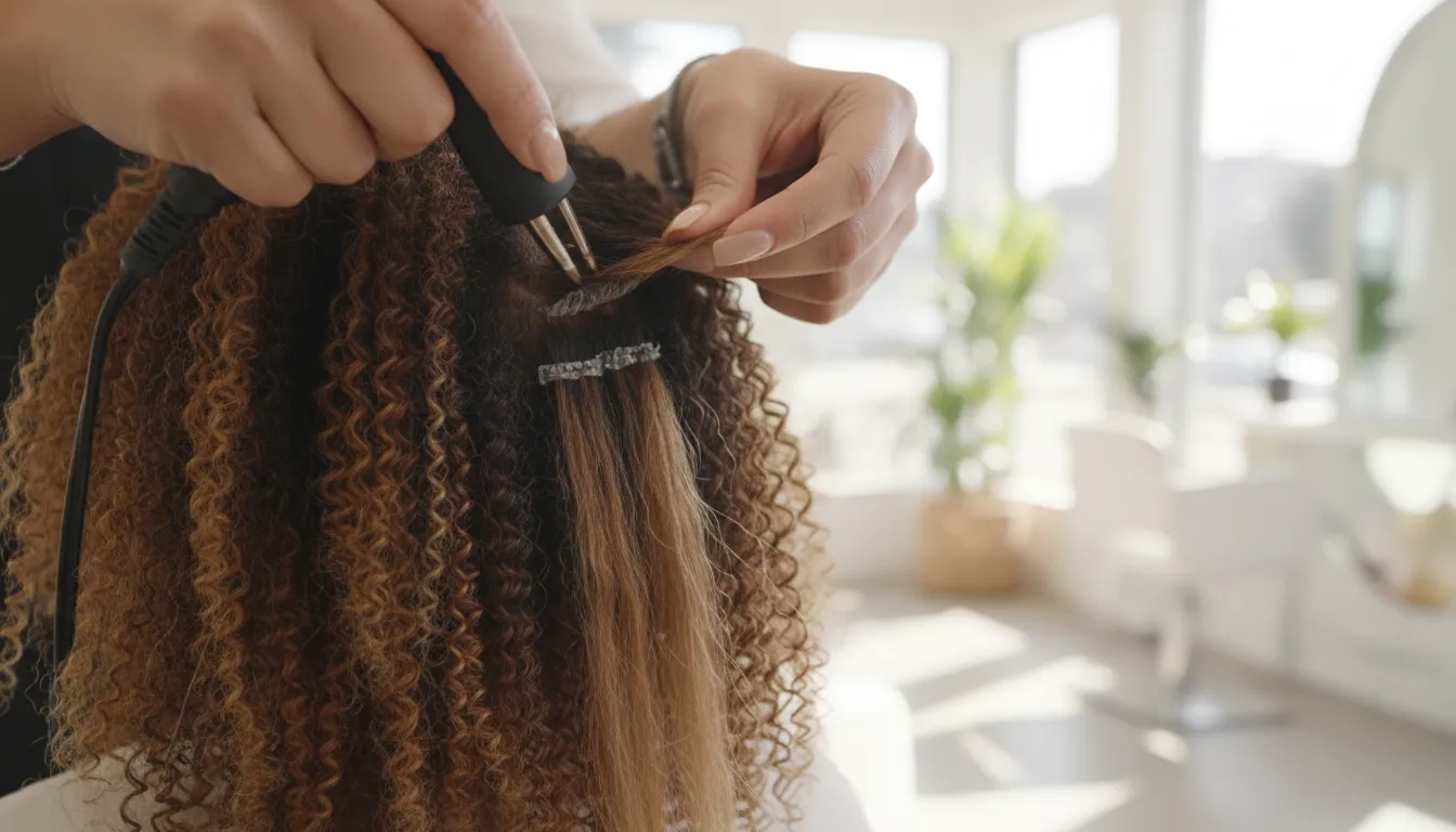Stylist hands blending K-tip keratin bonds into a Black client natural coily hair