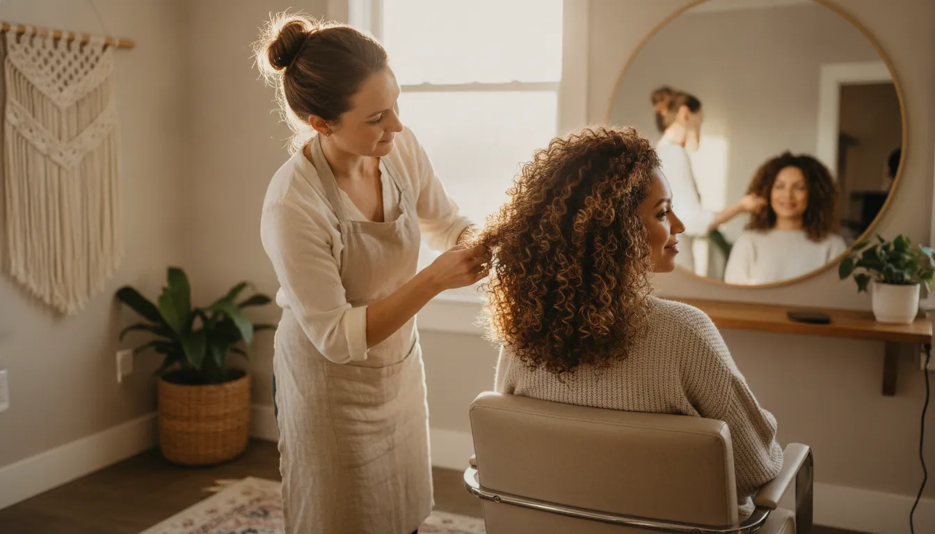 Person gently scrunching damp curls before low-friction drying