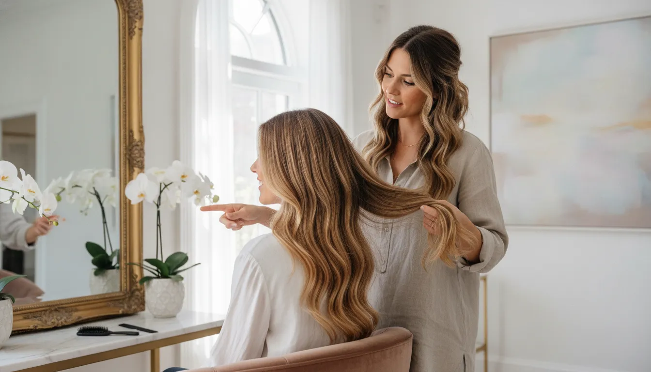 Stylist and client discussing softly blended balayage goals