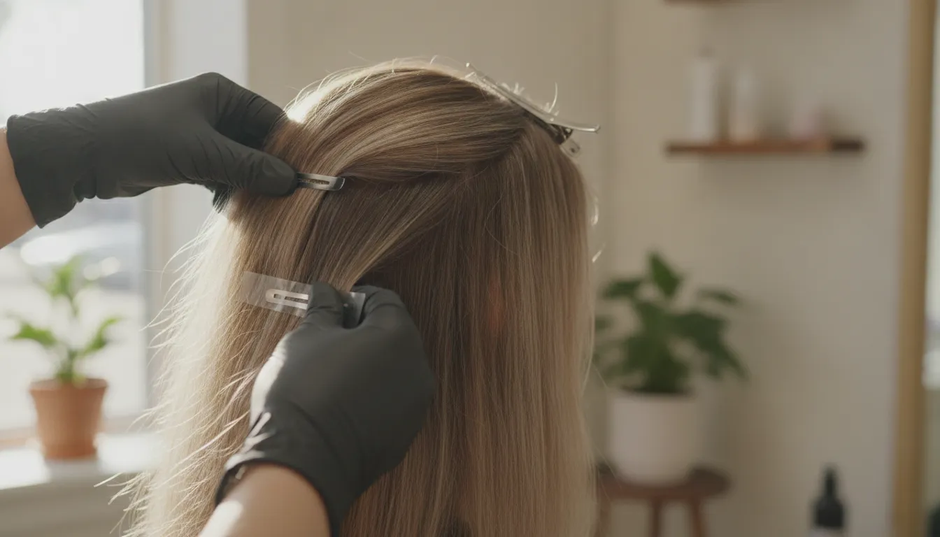 Michele sectioning hair and placing a lightweight tape-in panel near the scalp during an extension application in a private salon suite