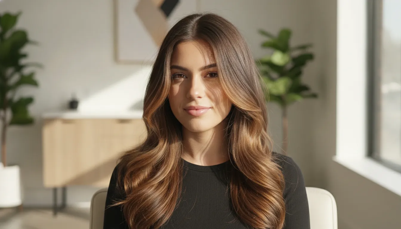 Brunette woman with soft lived-in balayage and face-framing highlights