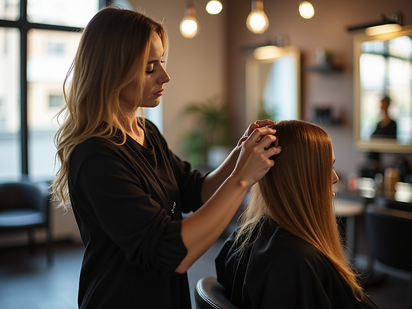 A detail shot of a stylist expertly applying hair color to a client's hair in a modern sal