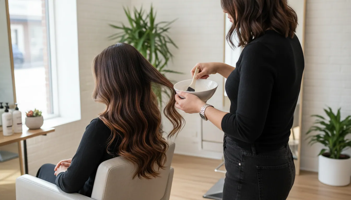 Stylist caring for dark hair with face framing highlights