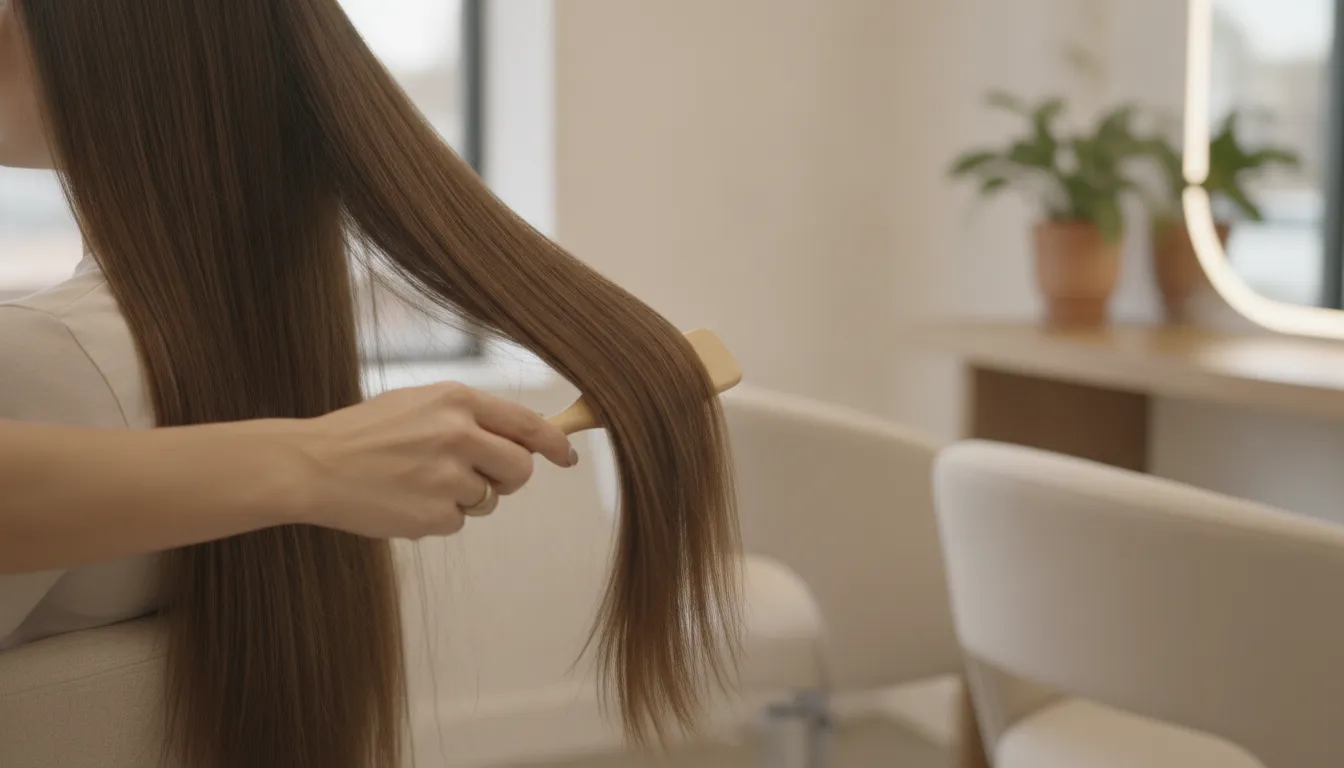 Stylist gently brushing and blending invisible weft extensions