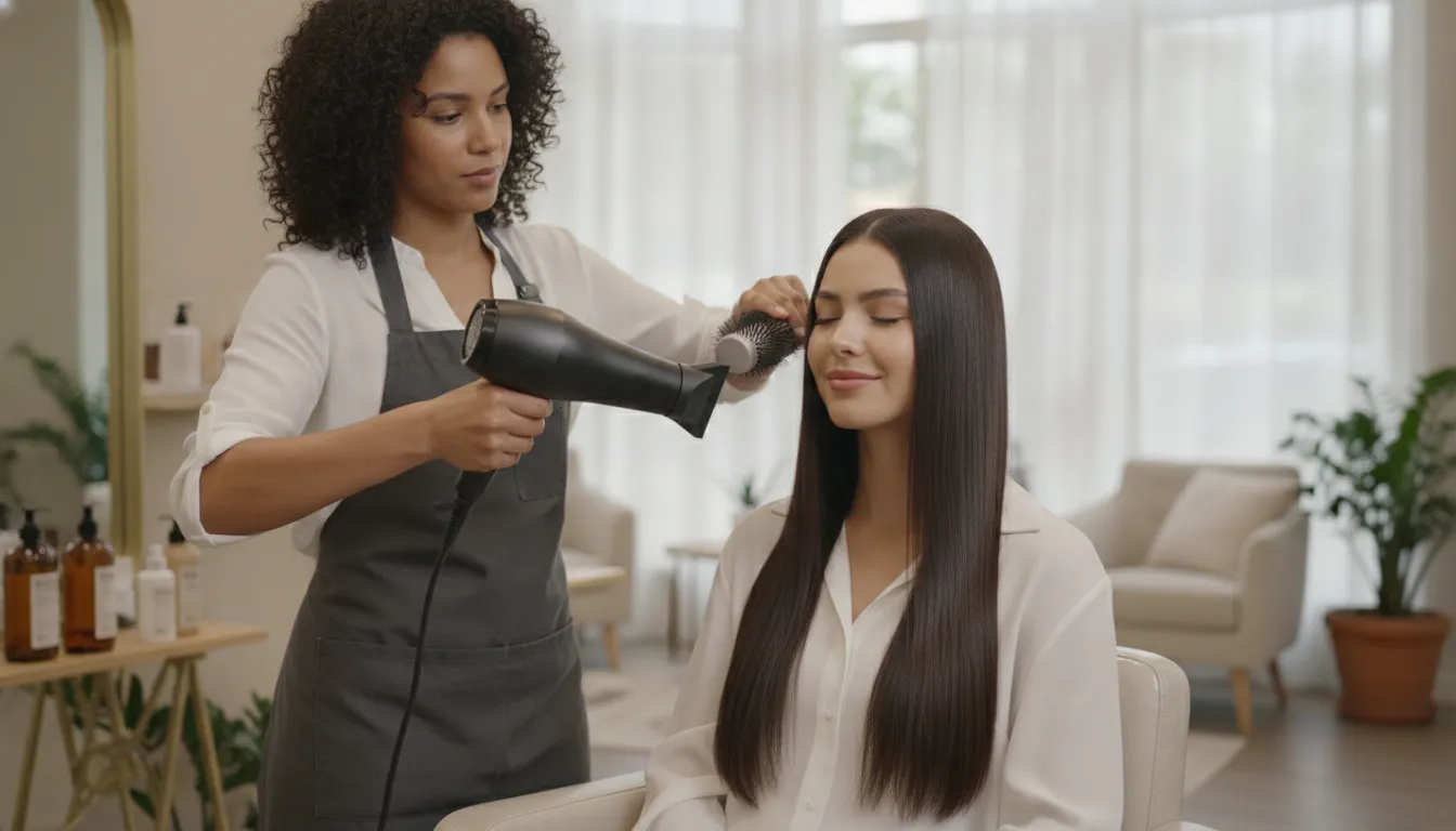 Stylist finishing a client's smooth hair after a hair botox amino acid treatment