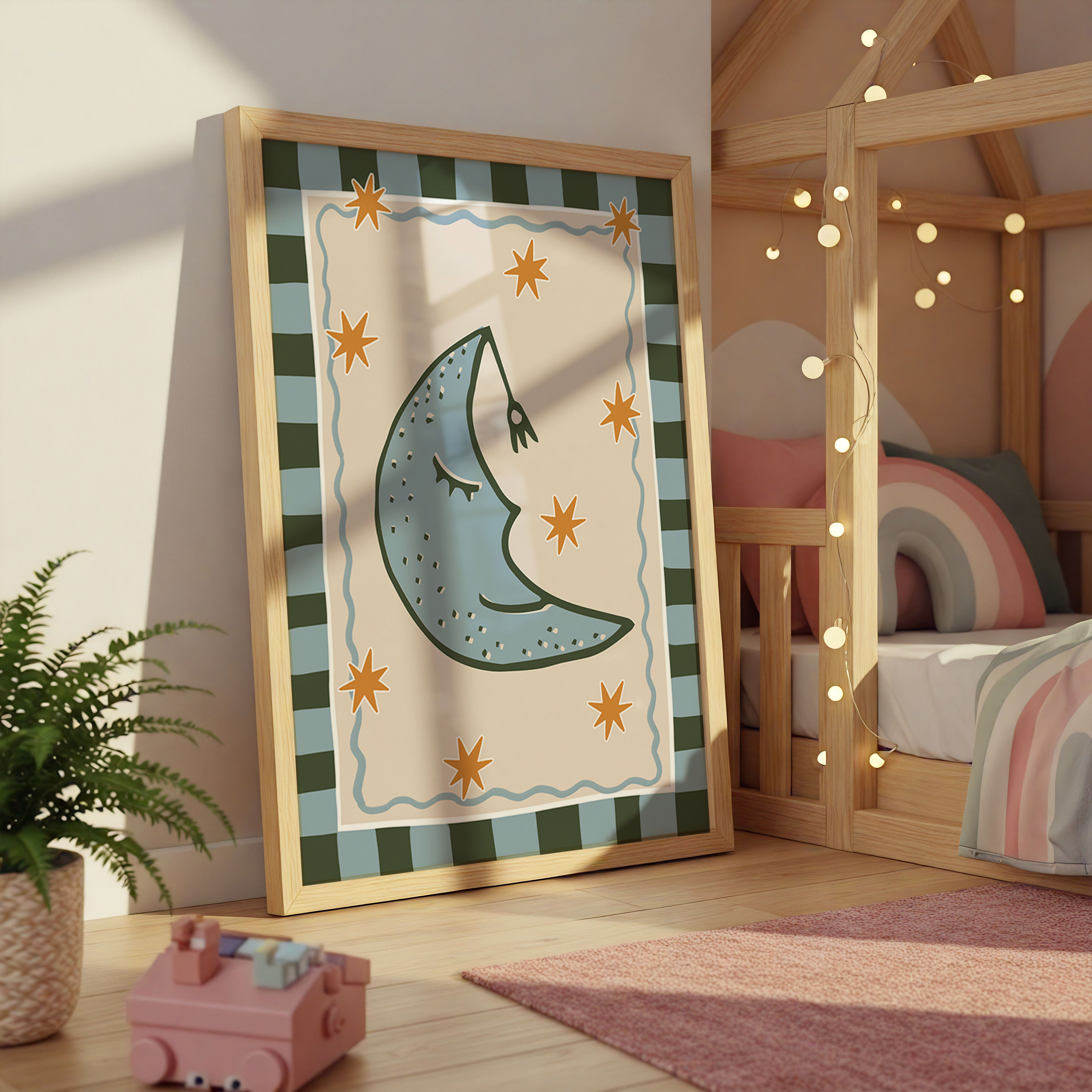 Sleepy Moon Nursery Wall Art | Whimsical Kids Print | Celestial Baby Poster