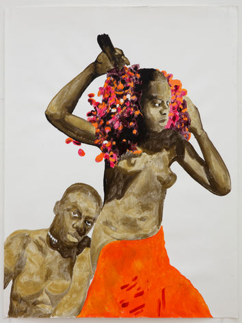 Roméo Mivekanninn - D'après Femmes noires récoltant des dattes de Jacques Majorelle (1930), 2025, Acrylique sur papier, 100 x 76 cm.
