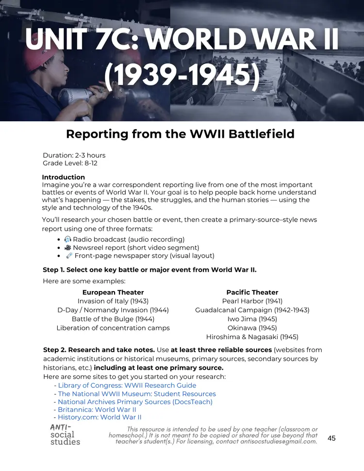 Thumbnail: U.S. History UNIT 7C Plan: World War II (1939-1945)