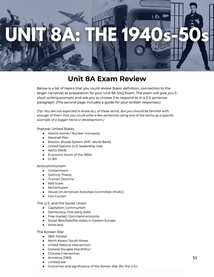 Thumbnail: U.S. History UNIT 8A Plan: 1940s-1950s