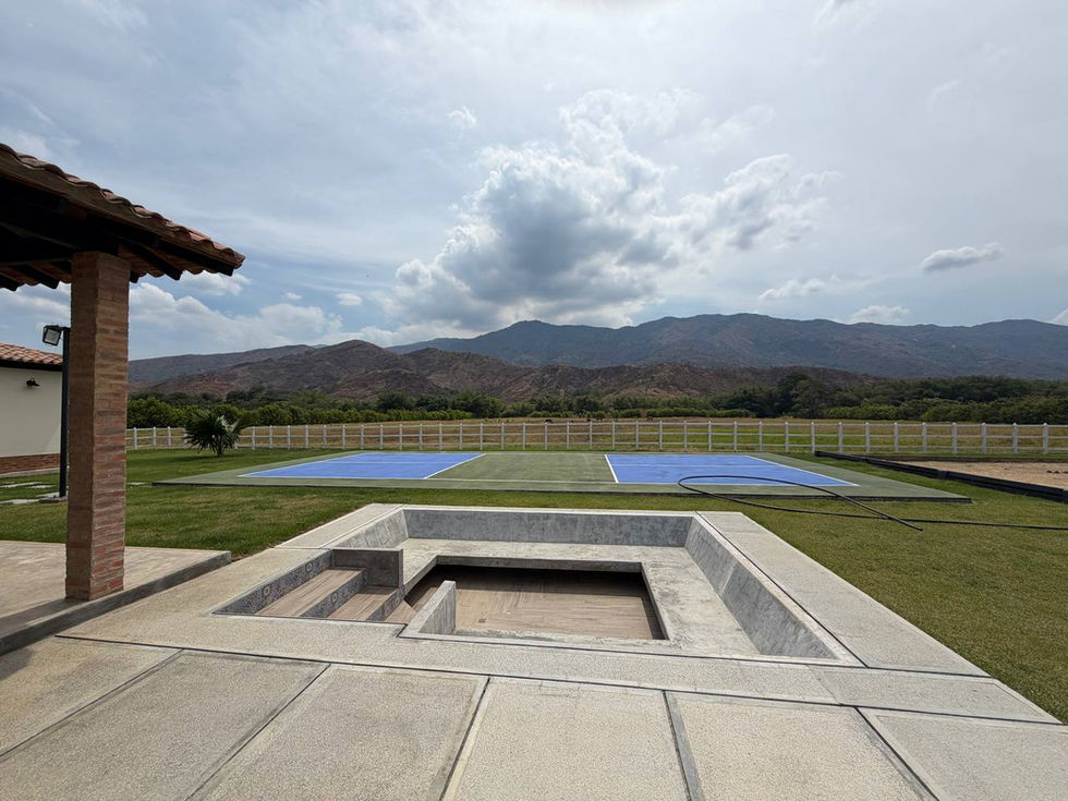 Mountain view with a pool and patio area.
