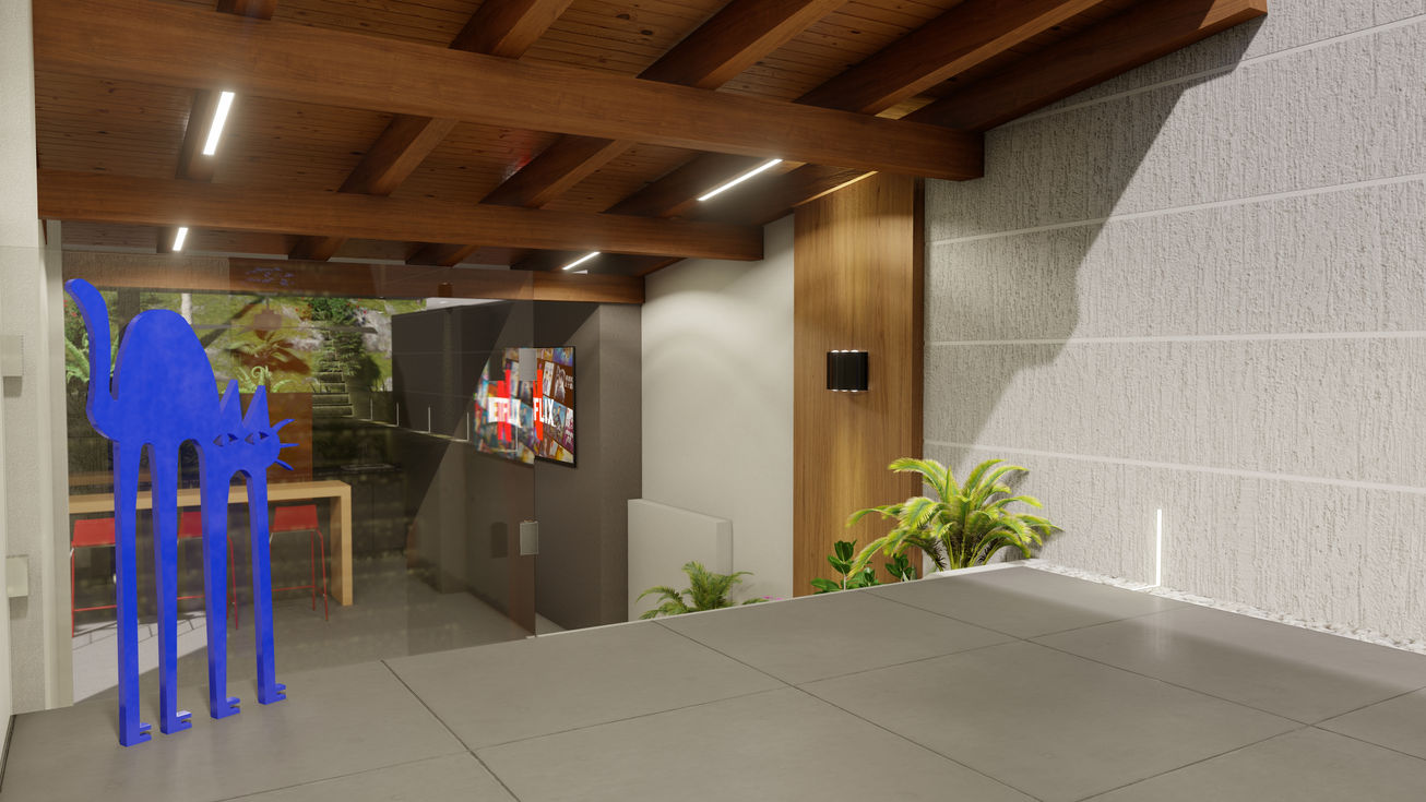 Modern interior with wooden ceiling and plants.