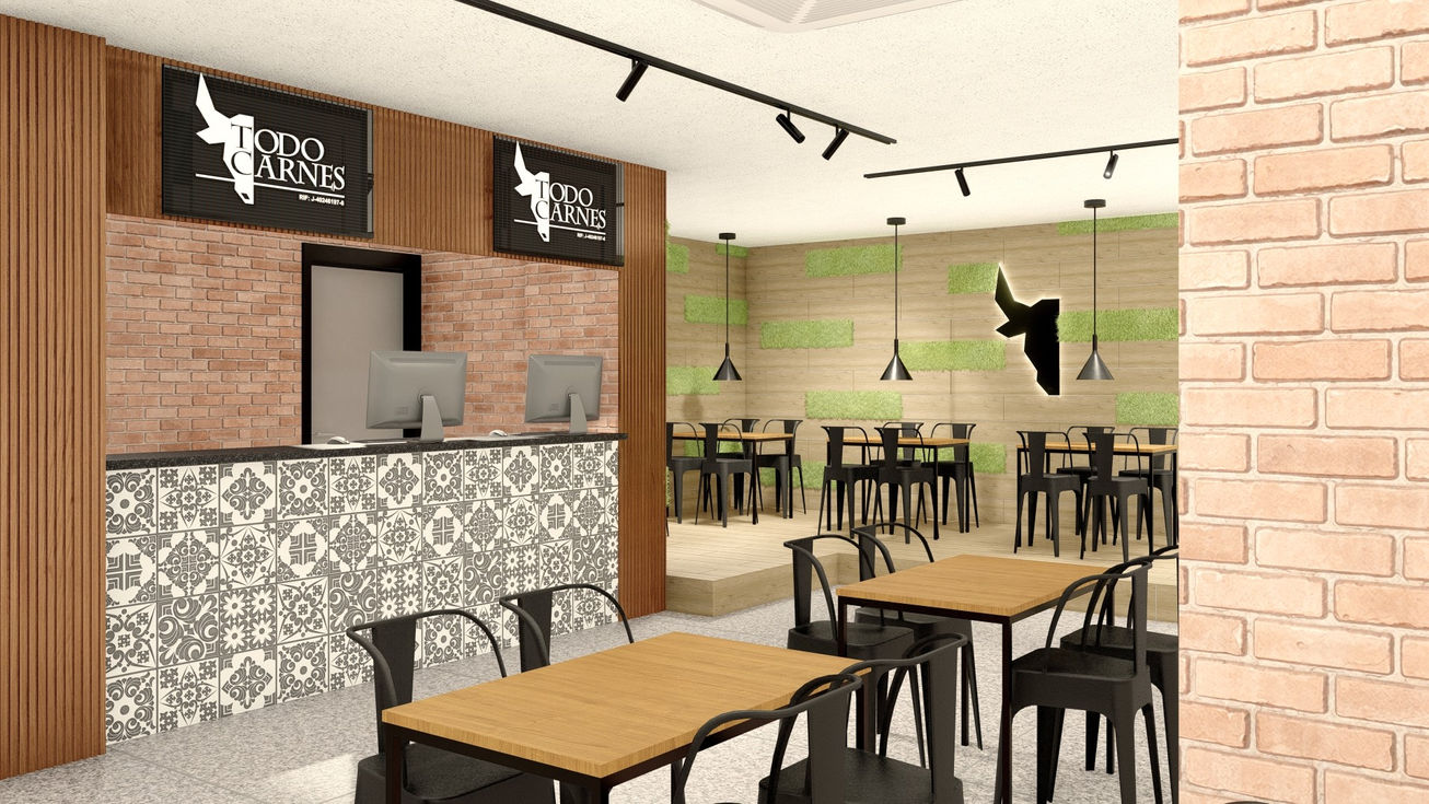 Modern restaurant interior with wooden tables and black chairs.
