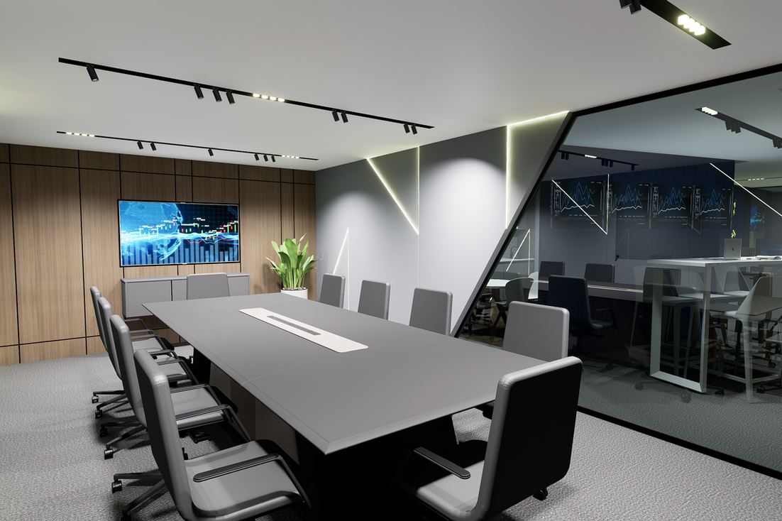Modern conference room with sleek design and large table.