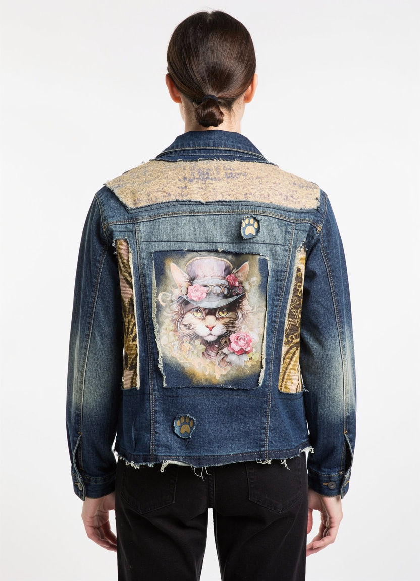 Upcycled Denim Jacket with Steam Punk Cat