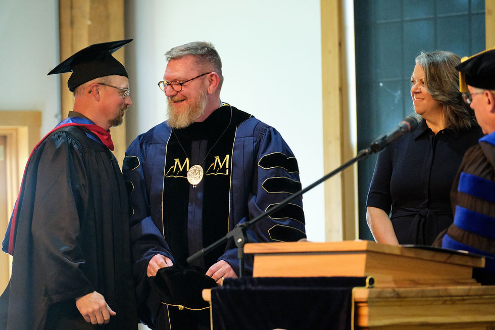 Montana Bible College's President Emeritus, Ryan Ward, left, presented a bolo tie with the MBC logo to MBC President Joe King at an Investiture ceremony held Sept. 6, 2025, in Phillips Chapel at Montana Bible College.