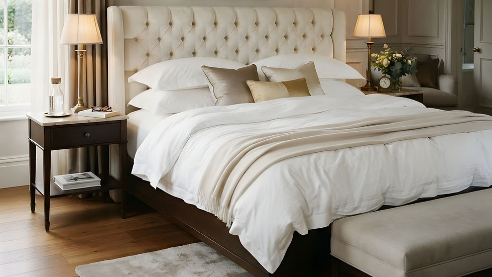 A luxurious Italian bed is elegantly dressed with layers of fine white linens, opulent pillows, and a soft duvet, creating an inviting and serene atmosphere.