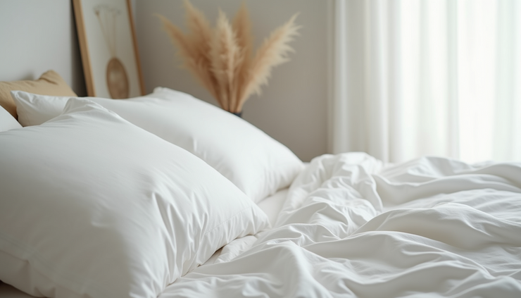 Close-up view of soft, neatly folded white bed linens on a cozy bed