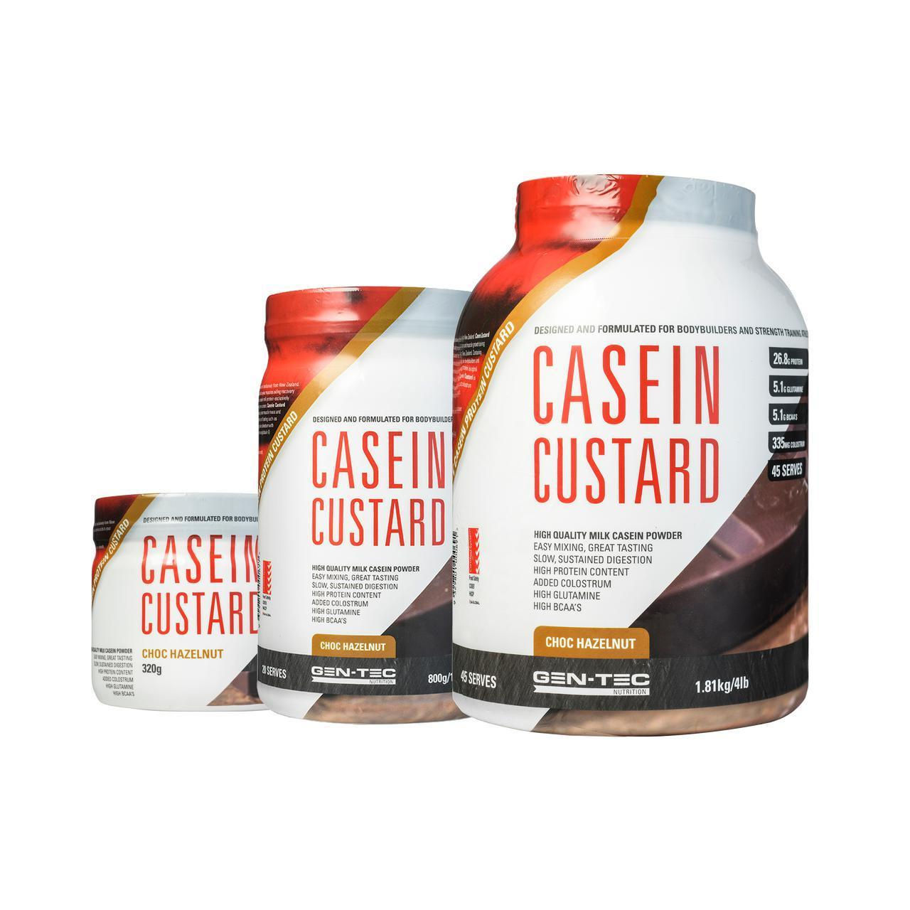 CASEIN CUSTARD PROTEIN CHOC HAZELNUT 
320g, 800g, 1.81Kg