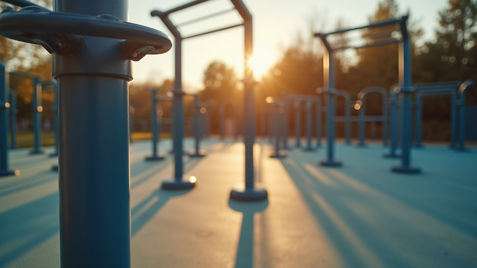 Eye-level view of an outdoor fitness area with exercise equipment