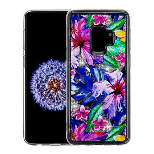 Samsung Galaxy S9 Plus, Hybrid Protector Cover -  Watercolor Hibiscus & Silver
