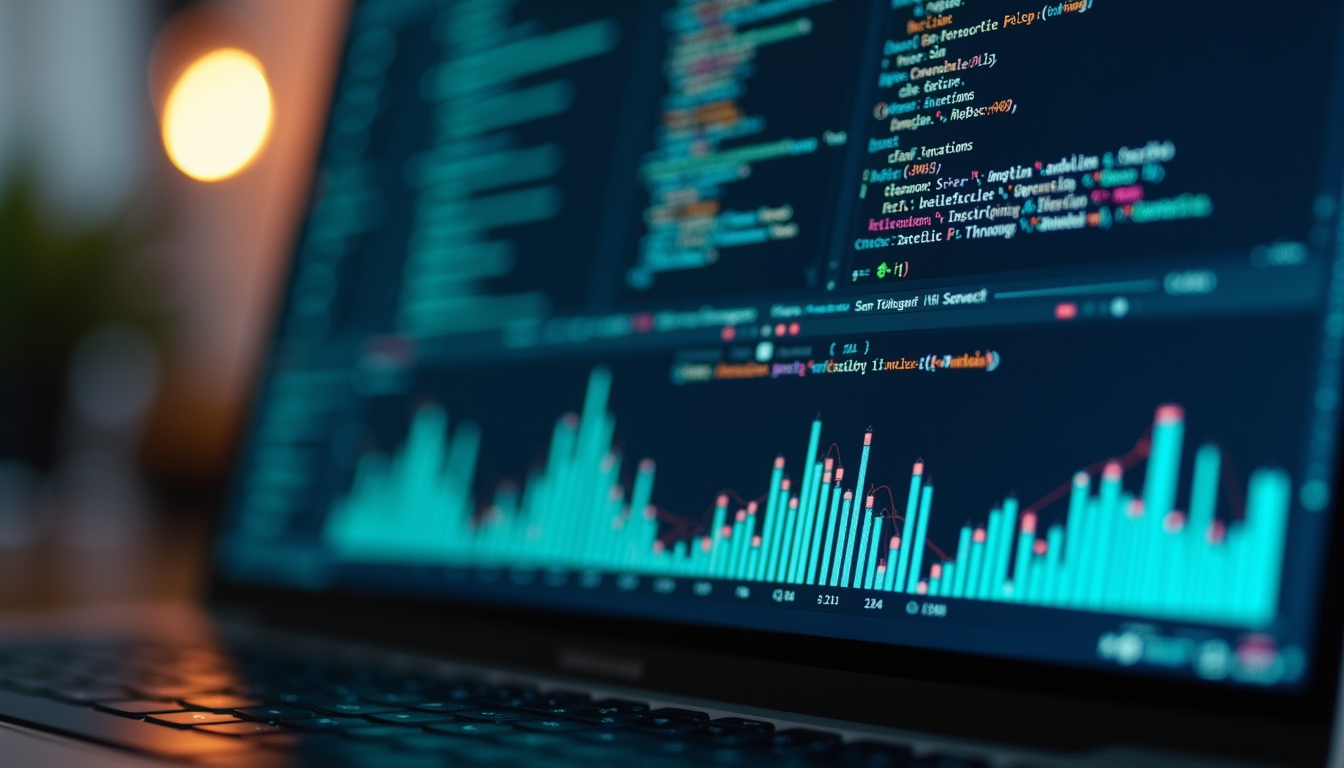 Close-up view of a laptop screen displaying AI code and data analytics