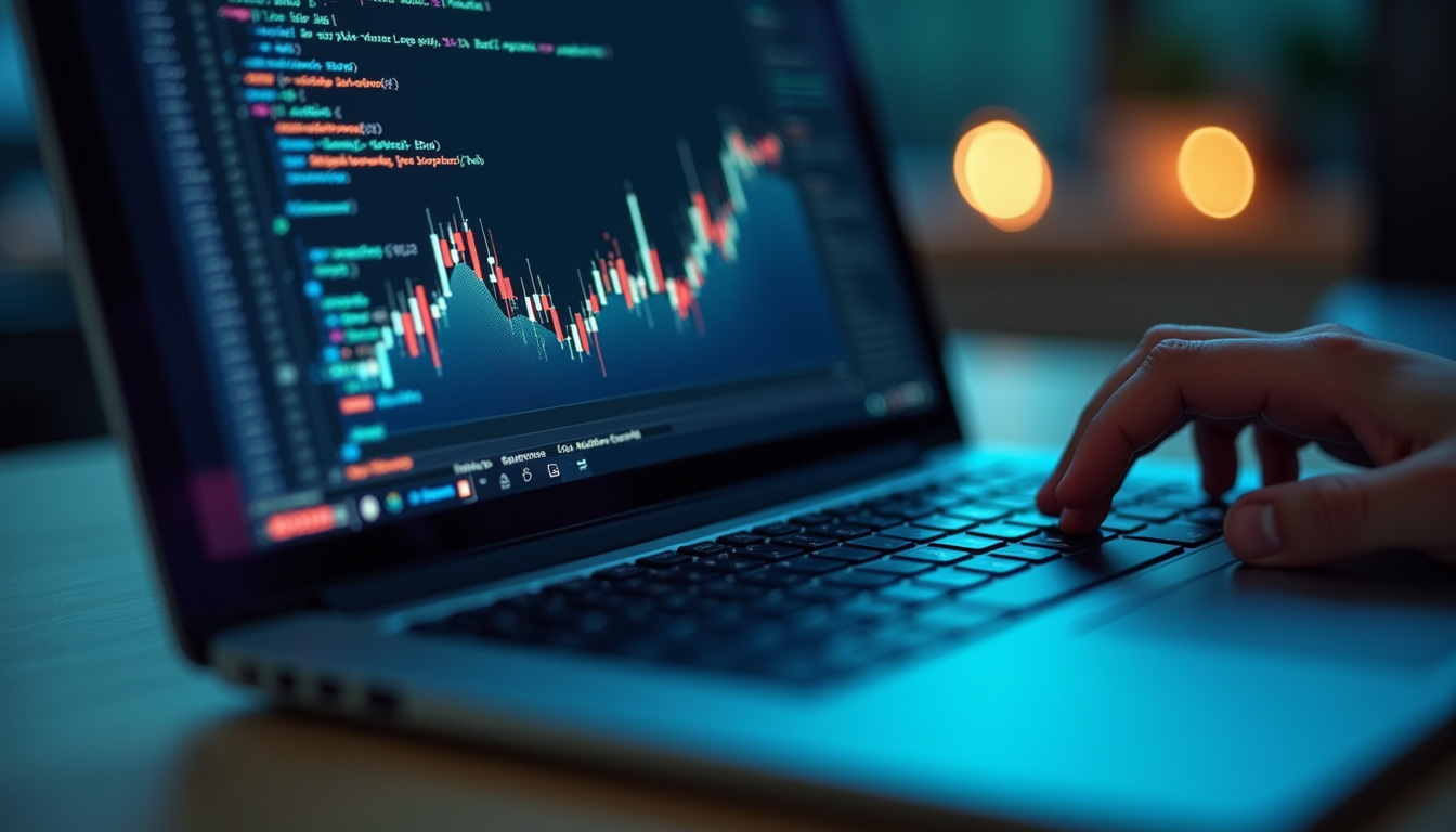 Close-up view of a laptop screen showing AI algorithm code and data visualization