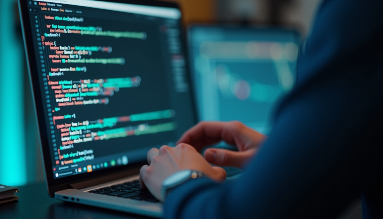 Close-up view of a data scientist working on AI model development with code on a laptop screen