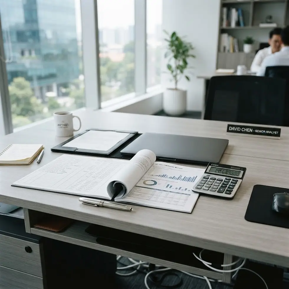 Office photography of a clean and organized desk with business documents, a laptop, and a calculator. The scene is set in a modern office with large windows.
