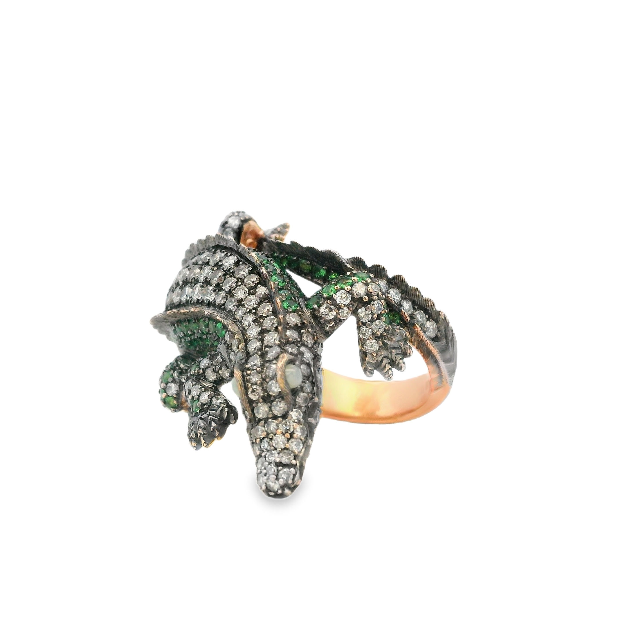 Unique Crocodile Ring with Tsavourite Garnet, Moonstone and Diamond from Martin Rogers jewellery Adelaide
