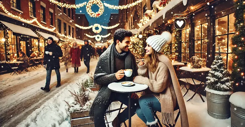 A couple enjoying a winter date in Buffalo, New York, with snow-covered streets, festive lights, and a cozy café in the background.
