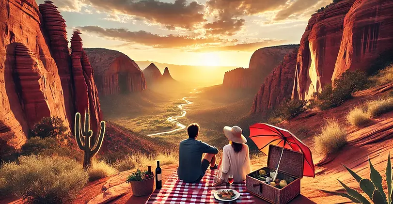 A couple enjoying a romantic date in Virgin, Utah, with a sunset hike in the red rock canyons and a picnic setup.