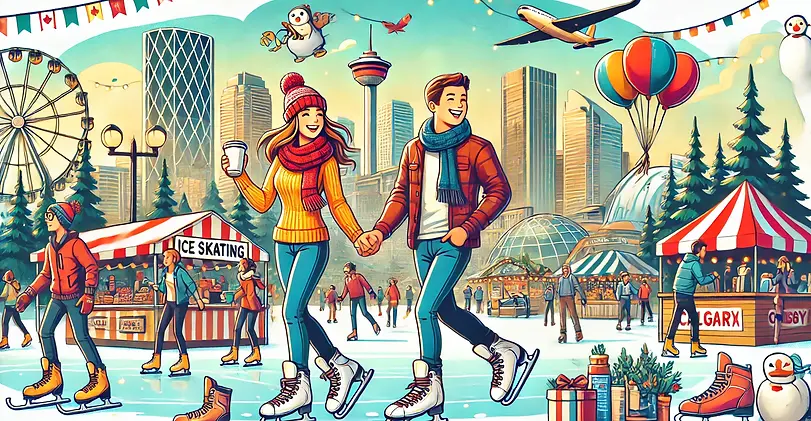 A couple enjoying a fun date in Calgary, Alberta, with activities like ice skating, exploring local markets, and the city skyline in the background.
