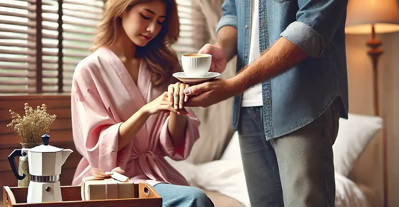A husband giving small attentions to his wife, such as bringing her a cup of coffee, holding her hand, or giving her a small gift.
