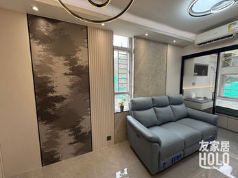 安樺苑409呎客廳護牆板設計,灰色石紋配輕奢燈具