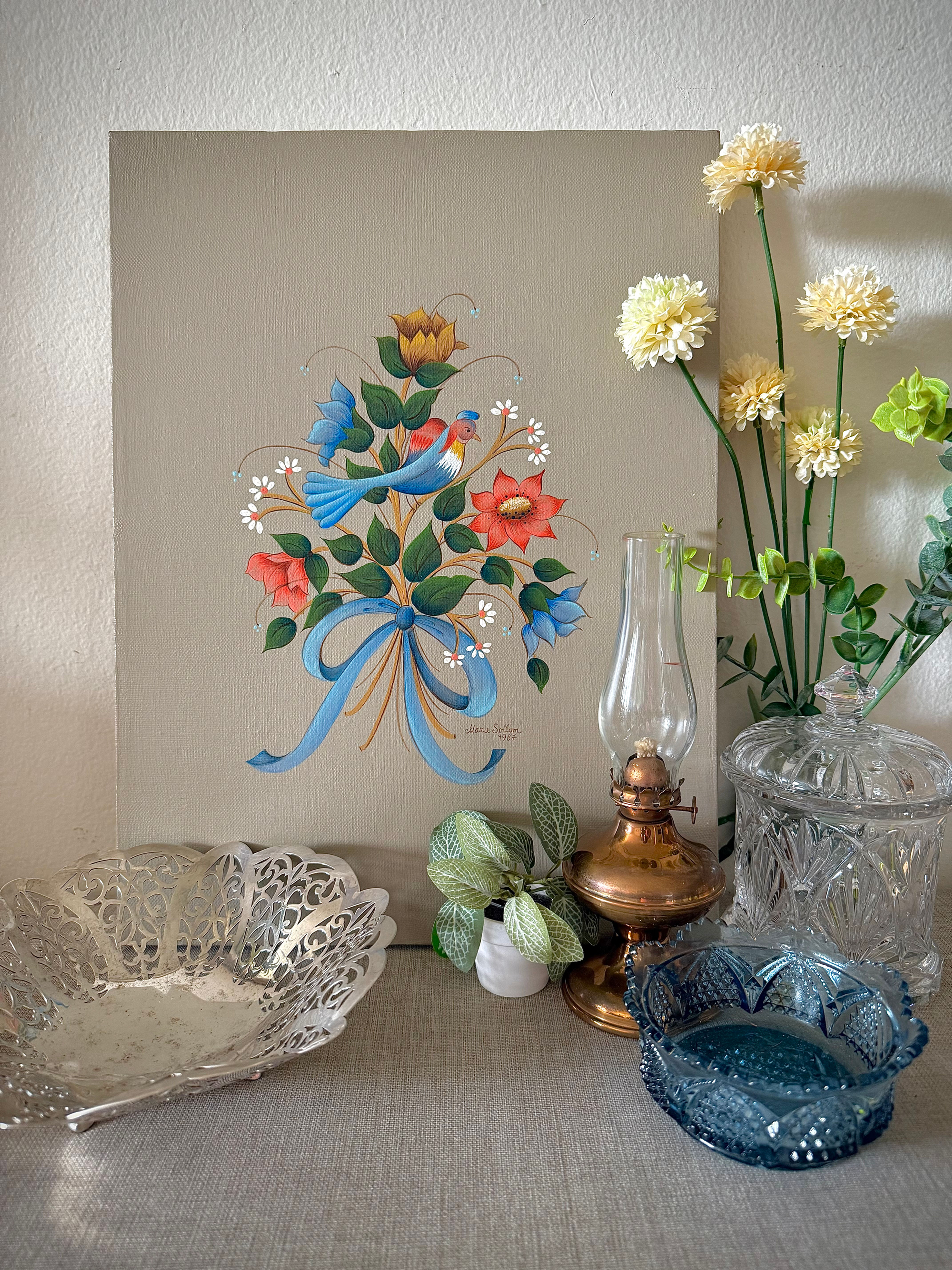 1986 Folk Art Canvas by Marie Sollom – Bluebird & Blossoms