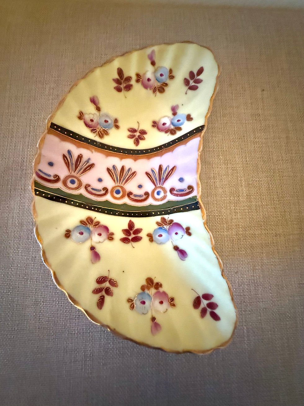 Thumbnail: Victorian Hand-Painted Crescent Bone Dish – Antique Porcelain, Floral and Gilded