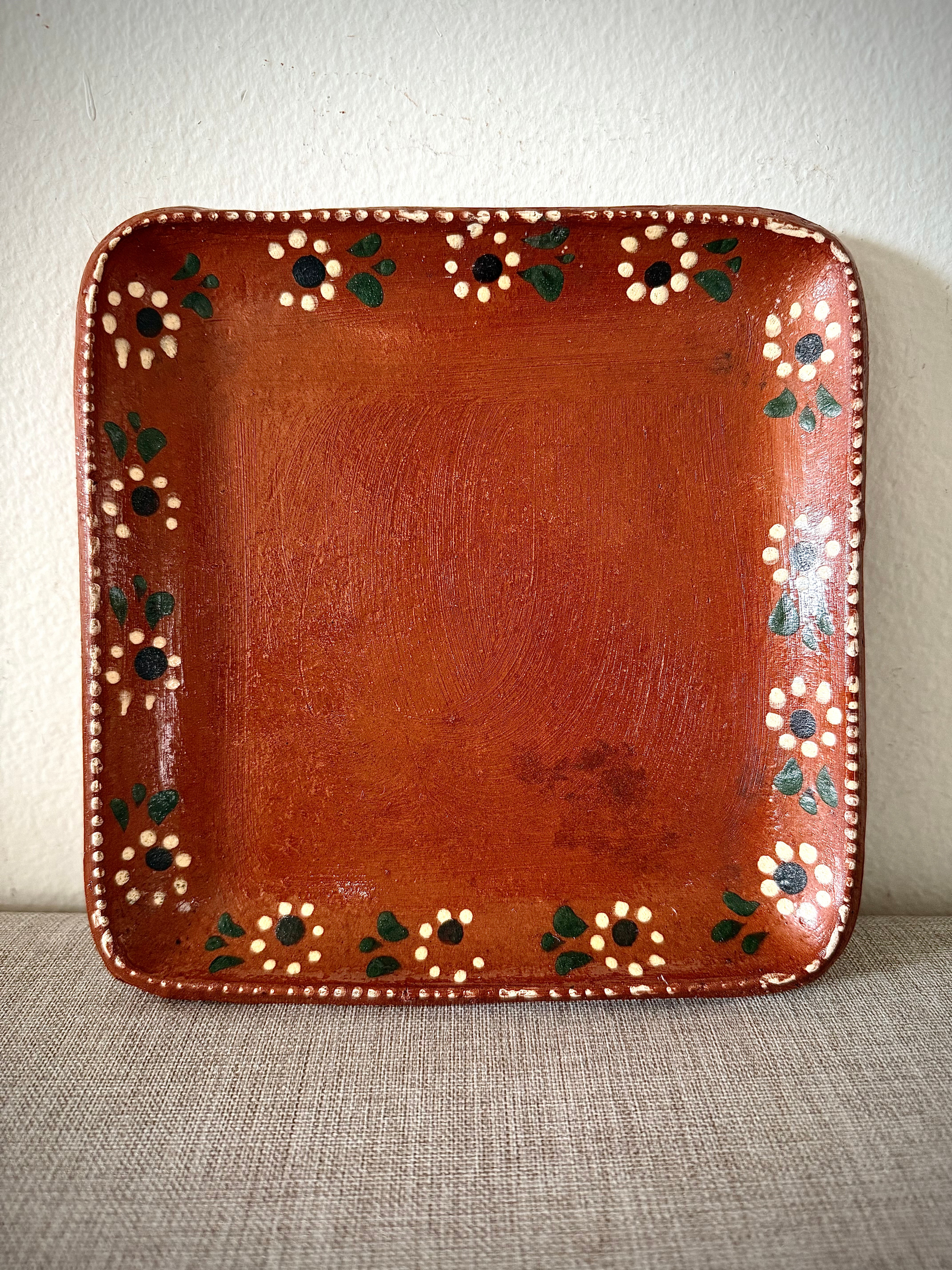Square Mexican Terracotta Tray with Hand-Painted Floral Border