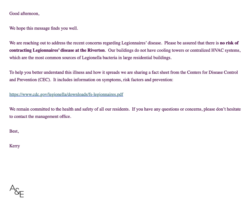 Important Update from A&E Management: No Risk of Legionnaires’ Disease at Riverton
