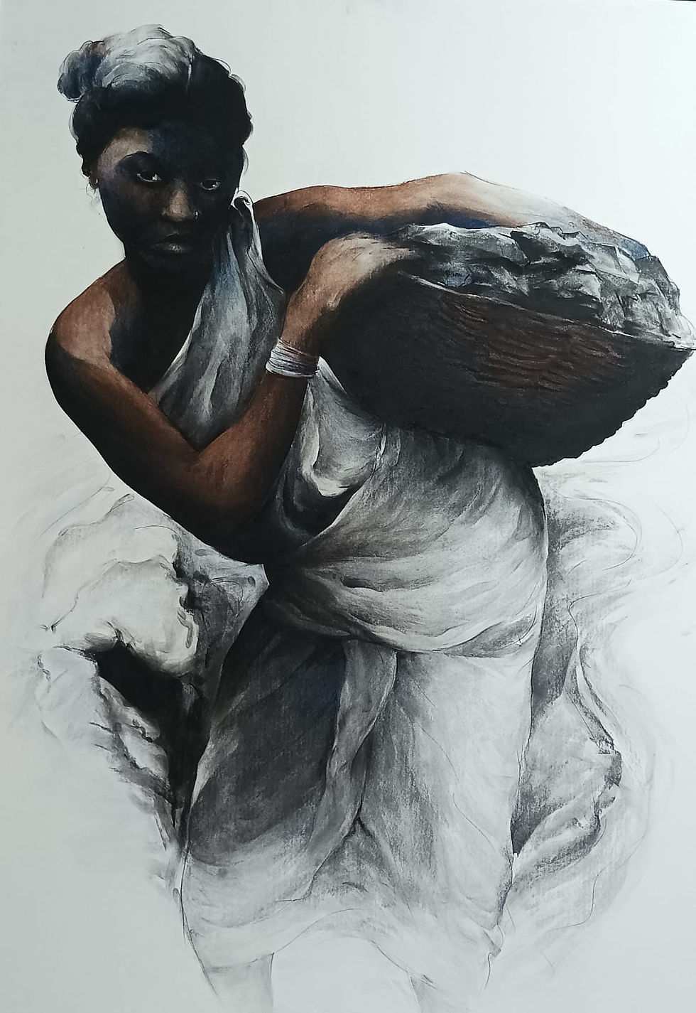 Charcoal painting by Sunil Sarkar showing solo women coal workers, their faces etched with pain as they carry heavy load