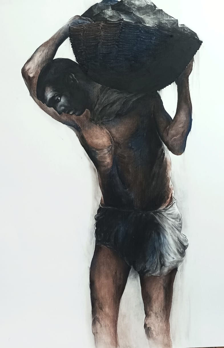 A charcoal and soft pastel painting from Sunil Sarkar's "Coal Pickers" series, capturing the pain on the faces of men.