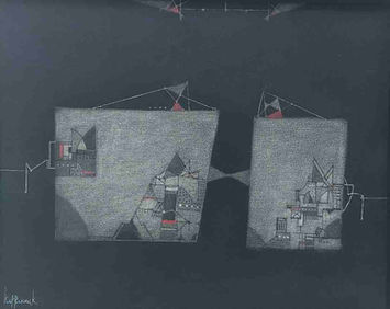 Abstract geometric painting featuring two textured rectangular forms connected by a central hourglass-shaped node, with intricate internal line details and subtle red accents against a dark grey background.